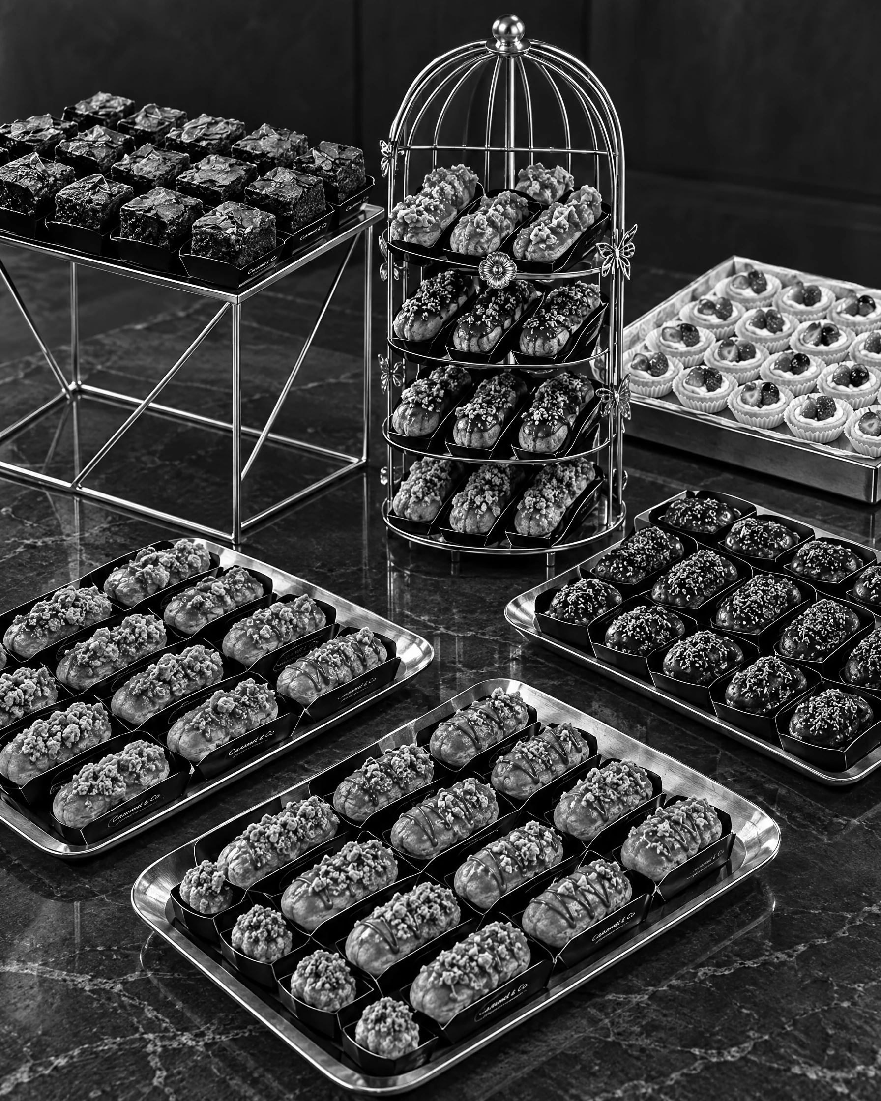 Caramel & Co. catering display with brownies, mini pastries and fruit tartlets on tiered stands